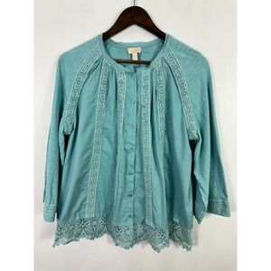 LOGO Lavish Lori Goldstein Button Up Shirt Medium Blue Boho Chic Lagenlook